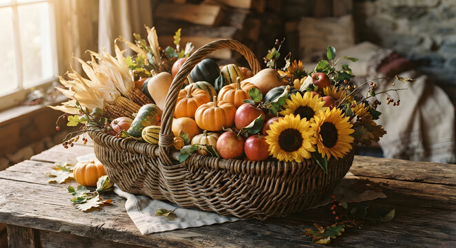 Rustic autumn harvest basket with pumpkins and sunflowers