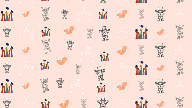 Pattern of fetuses, people, and graduation caps