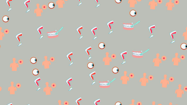 Seamless pattern of body parts and dental hygiene illustrations