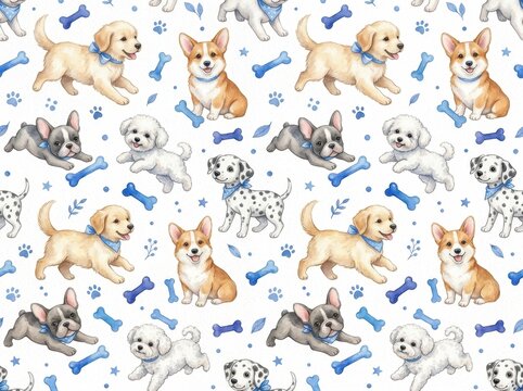 Puppies of various breeds are depicted in a seamless watercolor pattern alongside blue bones and paw prints.