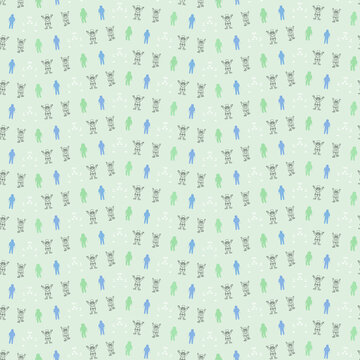 Seamless pattern of cartoon figures and silhouettes