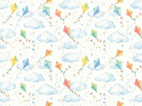 Kites flying among soft blue clouds create a whimsical seamless watercolor pattern on a white background.