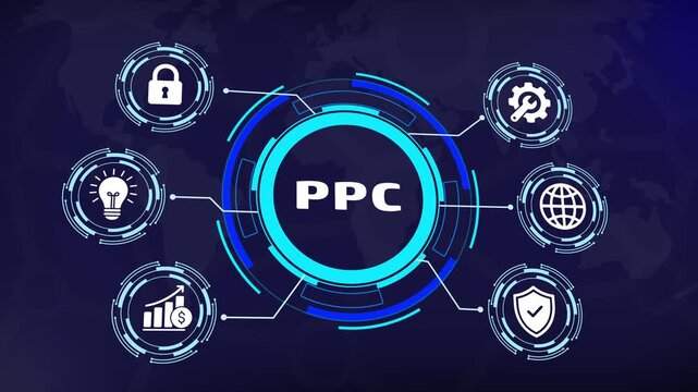 Dynamic ppc pay-per-click advertising strategy concept featuring animated digital marketing global network connectivity, financial growth analytics, and cyber security symbols on a tech background