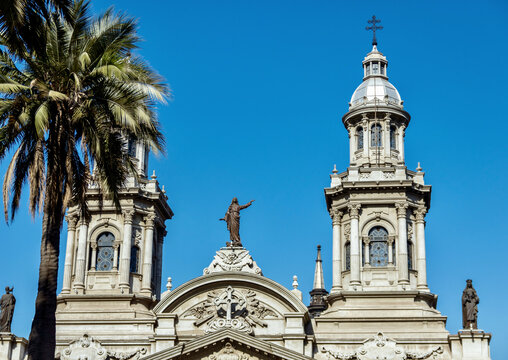 Ornate architecture of the Santiago Metropolitan Cathedral in Santiago de Chile