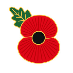 Fototapeta premium Red Remembrance Poppy Pin Badge Vector Illustration with Gold Outline