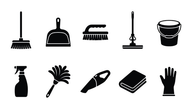 Solid black silhouette cleaning tools icon set representing broom dustpan mop bucket spray bottle and rubber glove