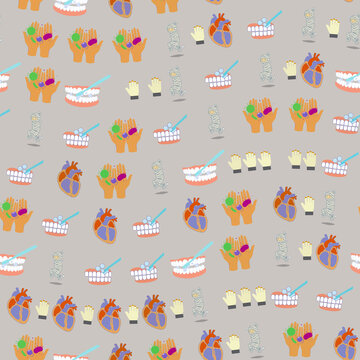 Seamless pattern of dental hygiene, germs, hearts, and mummies