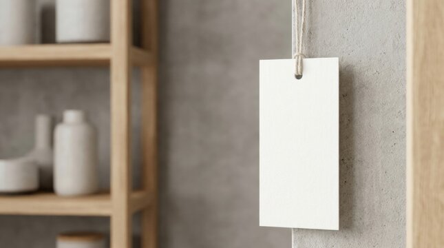 A blank white tag hangs by a string on a textured wall with a wooden shelf and ceramic items blurred in the background.
