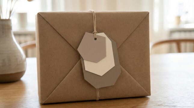 A neatly wrapped brown paper package with three blank tags tied with string, placed on a wooden table in a cozy, softly lit room.