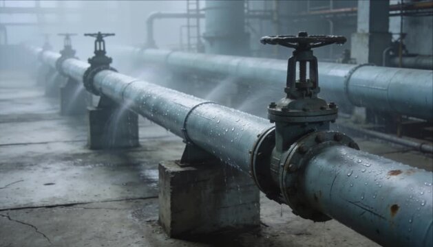 Industrial steel pipelines and weathered metal valves with water droplet mist in processing facility, conveying cold mechanical atmosphere through flowing utility infrastructure