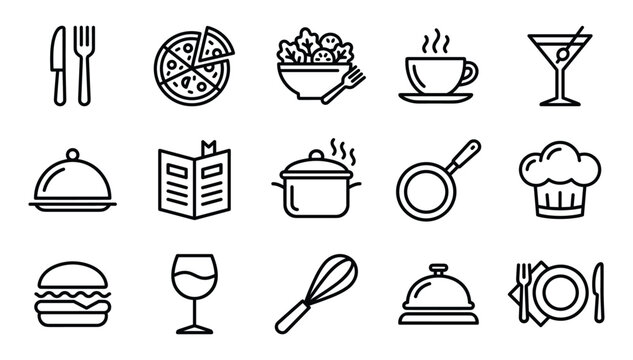 Minimalist black line restaurant and culinary icon set featuring delicious food cooking equipment and fine dining elements