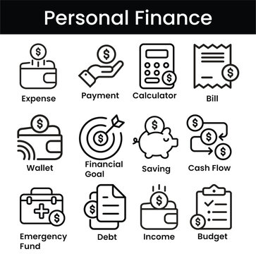Personal finance icon set, 12 outline icons of wallet, savings, budget, debt, income and expense for money management