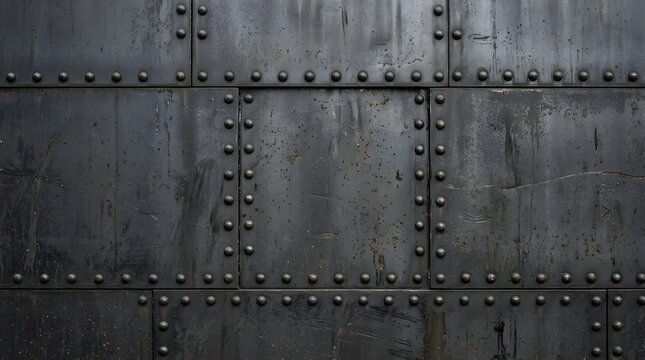 Industrial metal wall made of riveted steel plates, dark grey metallic background with bolts, heavy duty construction texture