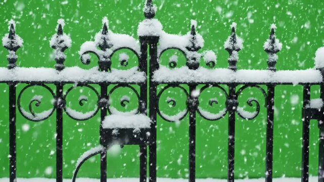 Snow falling on a black wrought iron fence over green screen
