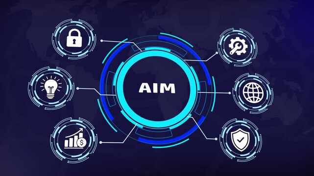Dynamic digital interface featuring central aim concept surrounded by animated infographic representing business strategy, global connectivity, cybersecurity, innovation, and financial growth metrics