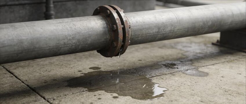 Industrial pipeline rust valve water leak on concrete flooring, utility facility maintenance scene showing industrial engineering detail, worn outdoor infrastructure, and practical repair concern