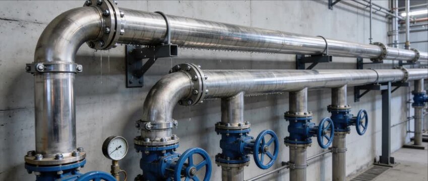 Industrial Pipeline Blue Valve Metal Pipe Plumbing Utility Engineering Infrastructure Factory Facility Concrete Wall for Reliable Fluid Control and Modern Industrial Systems