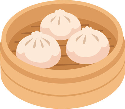 Steamed dim sum buns in bamboo steamer basket vector illustration