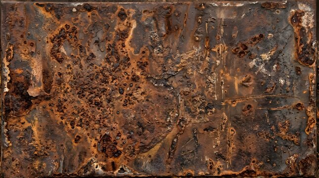 Close up of a heavily rusted metal surface with textured patterns of corrosion and decay in shades of brown and dark grey