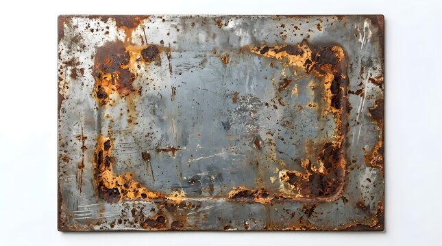 Rectangular metal plate with heavy rust corrosion and weathered texture, isolated on white background