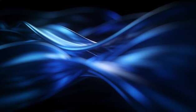 Abstract blue liquid silk ribbon flowing through darkness with luminous curve motion and smooth waves, creating elegant futuristic background for digital design, creative media, websites