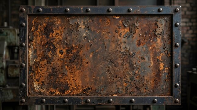 A rectangular metal plate with heavy rust and corrosion, framed by a dark iron border secured with visible rivets