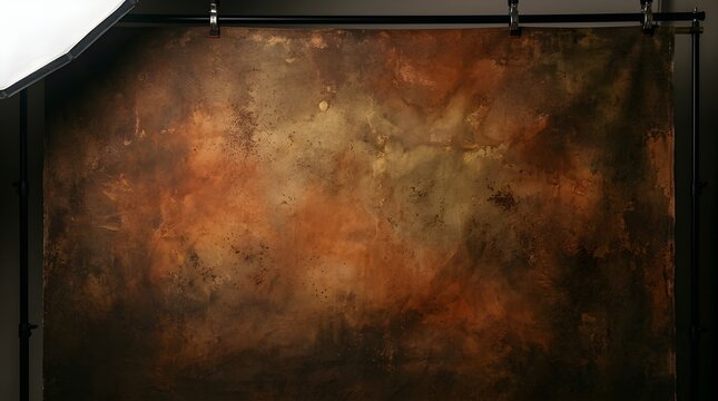 A professional photography backdrop featuring a mottled, artistic brown and orange textured surface with studio lighting