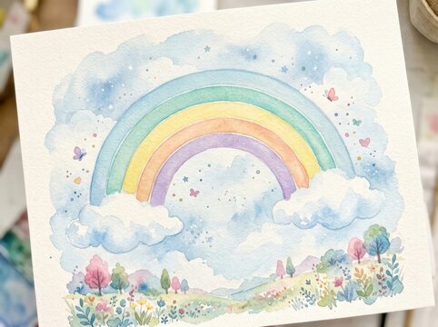 Watercolor painting on textured paper displays a bright pastel rainbow arching over a colorful flower meadow and fluffy clouds.