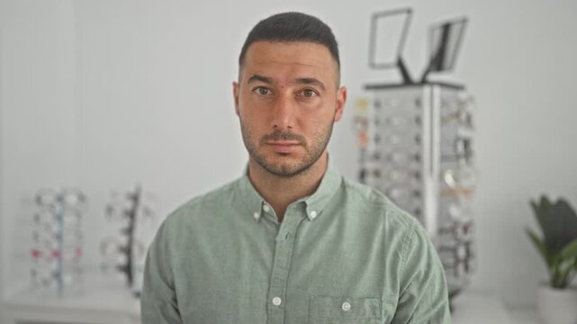 Young hispanic man looks at camera, eyeglasses display and lens rack behind, wearing green button shirt in optician building; calm focus.