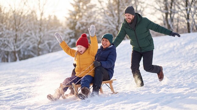 Family sledding downhill with father pushing for winter holiday togetherness