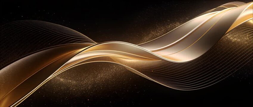 Abstract golden liquid silk ribbon waves flowing across dark background with glowing particles, elegant curves, luxurious modern design, seamless pattern for creative visual projects
