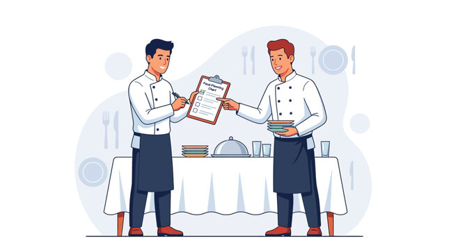 Two chefs collaborating on food planning and menu creation, demonstrating teamwork and culinary expertise.
