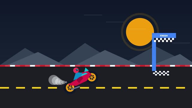 Motorcycle Rider Speeding along Race Track at Night Crossing Finish Line 2D Motion Graphics