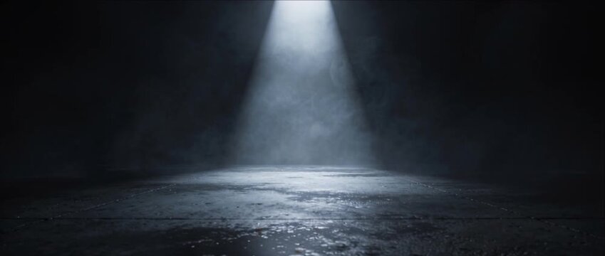 Foggy Spotlight Illuminates Empty Stage with Reflective Ground, Dramatic Atmospheric Theater Performance Setting, Mysterious Haze, Cinematic Background, Solitude and Mystery Scene