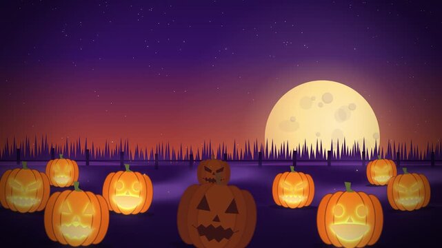 Field of carved jack o lanterns under big moon in purple mist
