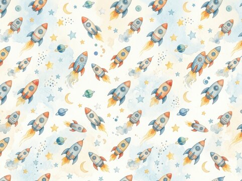 Spaceship pattern with watercolor rockets and blue clouds on a light background.