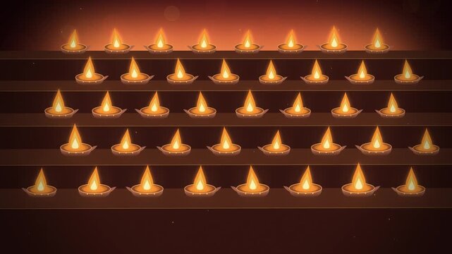 Diwali five rows of clay diyas lighting up on dark maroon steps