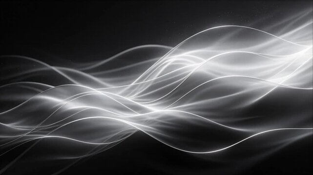 Abstract light wave flowing across dark background with luminous silver curves, elegant motion, futuristic digital energy pattern, atmospheric backdrop for modern creative design artwork and video