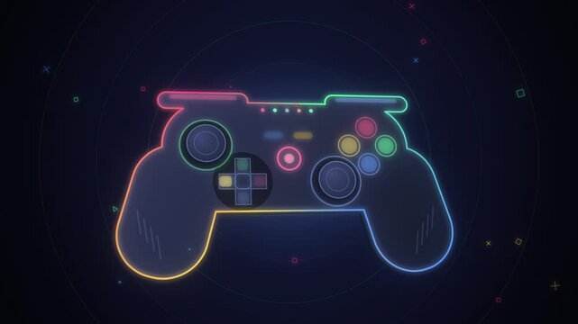 RGB neon game controller with glowing buttons on dark blue background