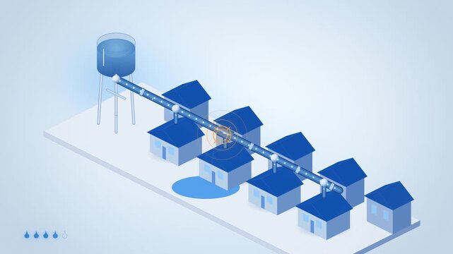Isometric water tower and pipe line to rows of houses with check mark