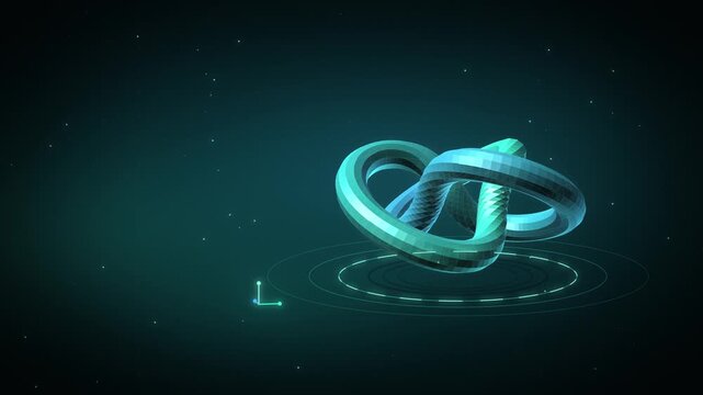 Glossy teal interlinked rings assembling into a 3D model