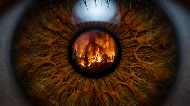 Extreme macro human eye with forest fire reflection, burning trees in pupil of brown iris, climate change and environmental disaster concept
