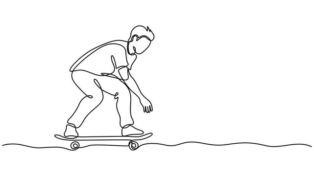 One continuous line drawing of a people playing skateboarding at the skate park arena vector illustration. Young Man Skateboarding Continuous Line Animation Outdoor Lifestyle Concept, Symbolizing 