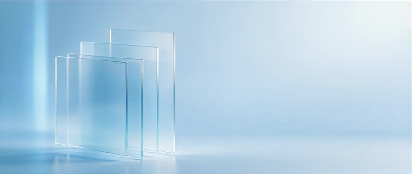 Glass Panel Glassmorphism Backgrounds with Transparent Blue Geometric Layered Abstract Minimal Modern Architecture and Soft Reflective Light for Design Presentation Use