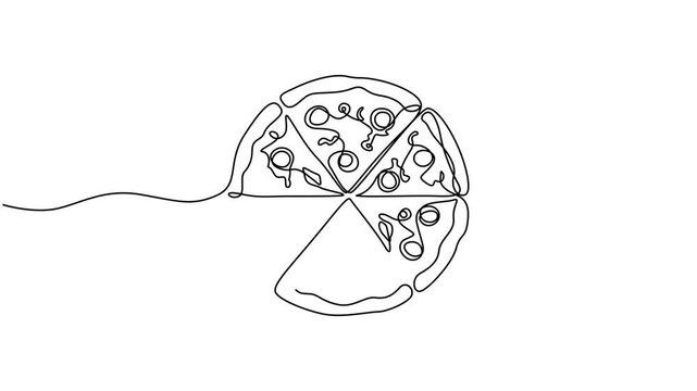 Abstract piece of pizza, Self drawing animation with one continuous line draw, Animated self drawing of continuous line draw of pizza. Full length one line animation. 4K, Italian pizzeria logotype. 