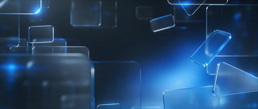 Glassmorphism backgrounds with glowing blue translucent geometric panels floating futuristic digital atmosphere, creating luminous reflections, soft depth, and abstract composition for modern design