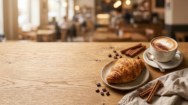 Fresh croissant and cappuccino with cinnamon sticks on a rustic wooden table