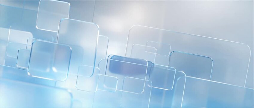 Glassmorphism backgrounds with abstract blue translucent rounded square geometric panels, layered luminous depth, soft glow, clean futuristic digital design atmosphere for technology presentations