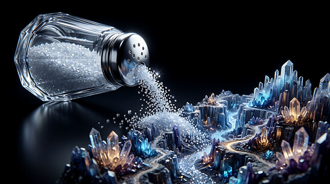 Glass salt shaker pouring white fine salt crystals, mini landscape with glowing quartz minerals, dark dramatic lighting background