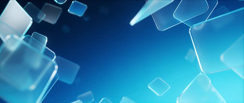 Abstract glassmorphism backgrounds featuring translucent blue glass shapes, glowing geometric forms, floating rounded rectangles, soft light, modern digital composition, presentation, web layout
